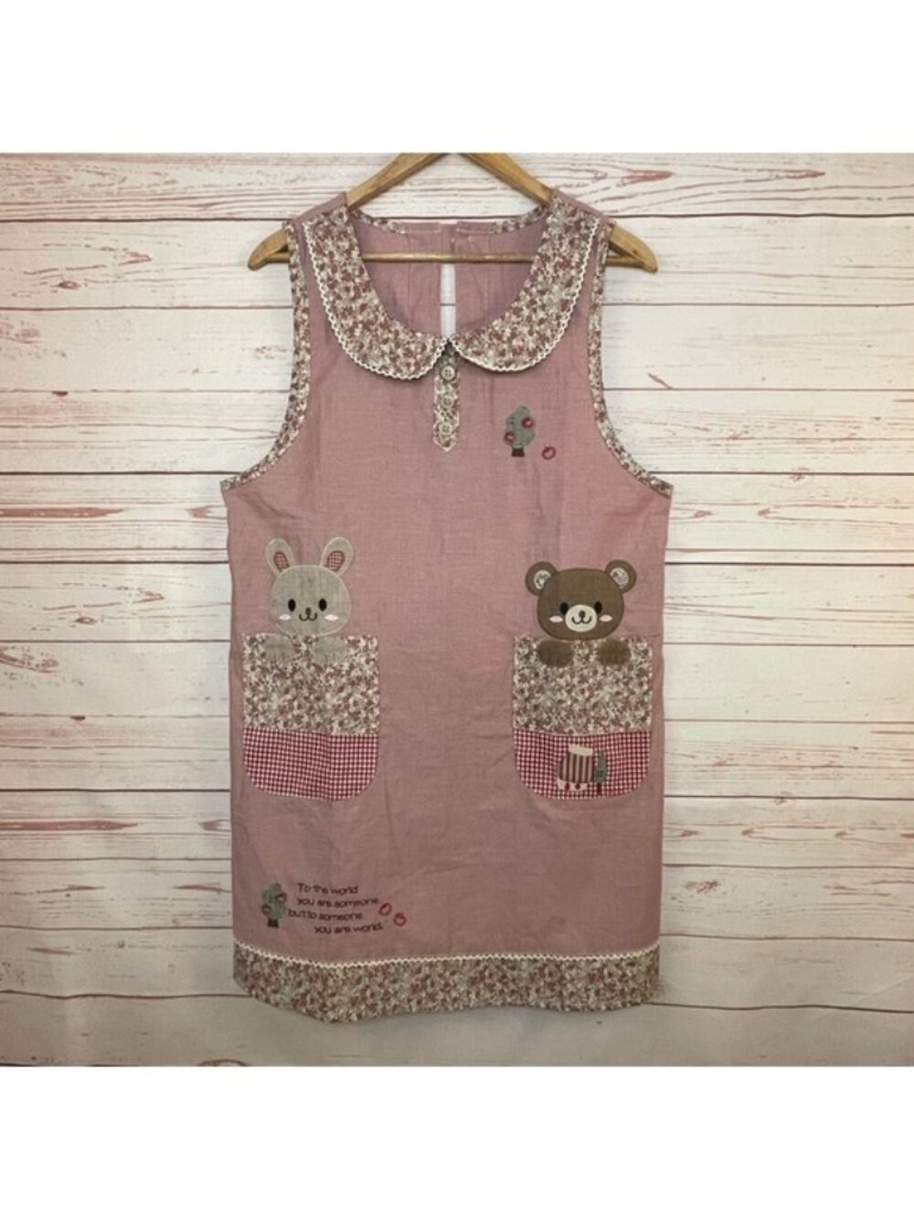 Fontana Pink Floral Bib Apron Bear & Rabbit Embroidered Details OS